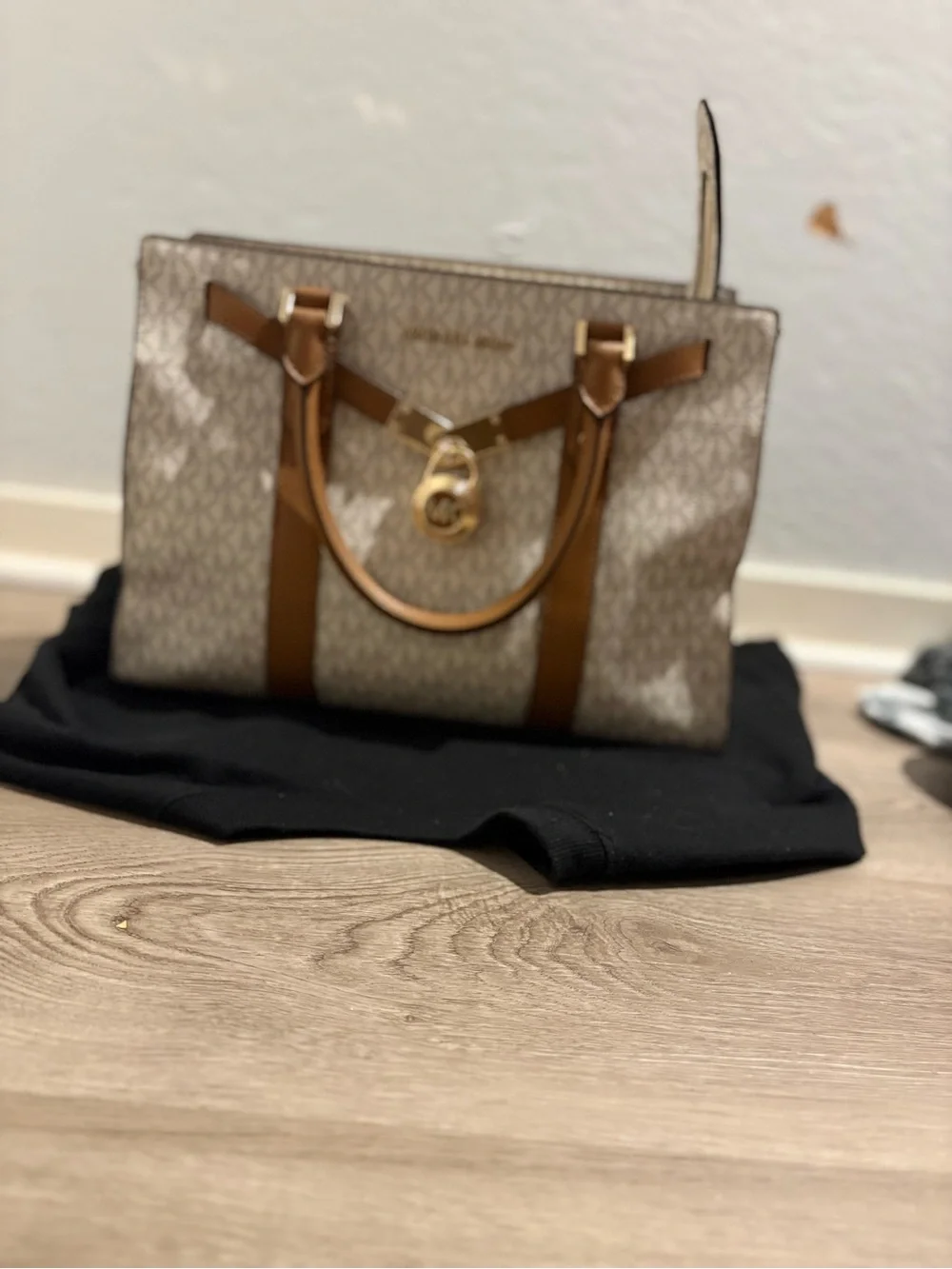Michael Kors Beige & Brown Logo Satchel with Gold Hardware